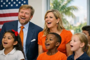 Koning en koningin zingen samen met kinderen op school in Miami