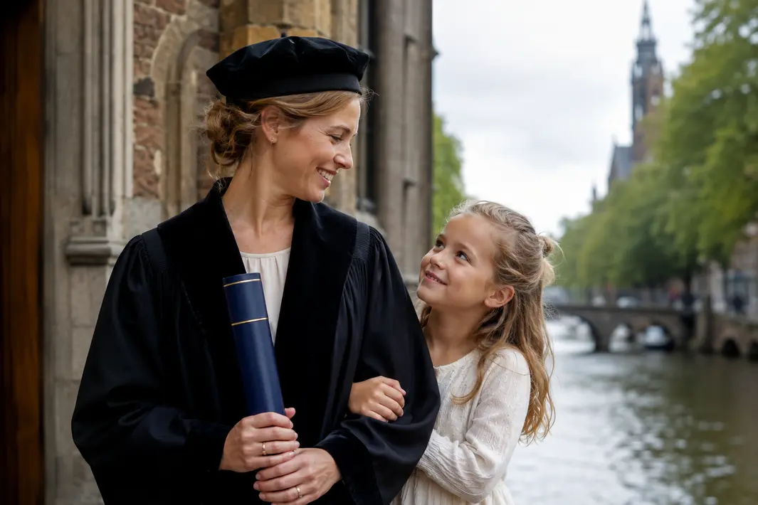 Moeder promoveert met dochter als steun aan haar zijde